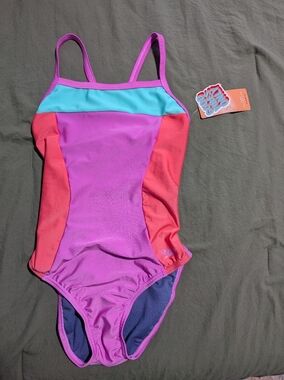 Speedo Women's Color-Block Propel Back One-Piece Swimsuit Neon Violet Sz 34 New